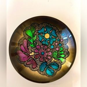 Vintage Mid-Century Modern Enamel on Metal Plate - 6.75" Floral Art Deco Decor